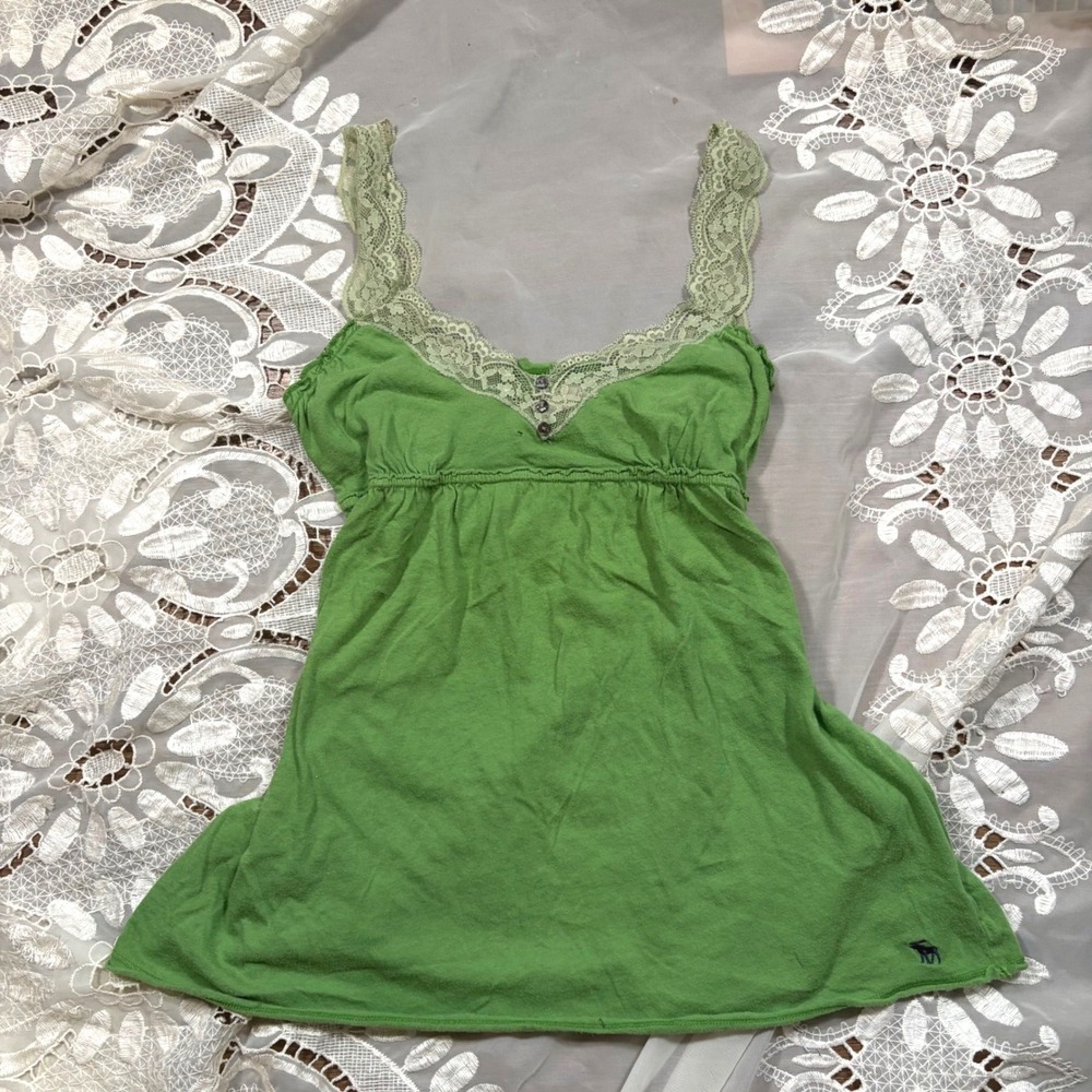 RARE Abercrombie Green Lace Trim Babydoll Tank Top Y2K Cotton Cami 0972
